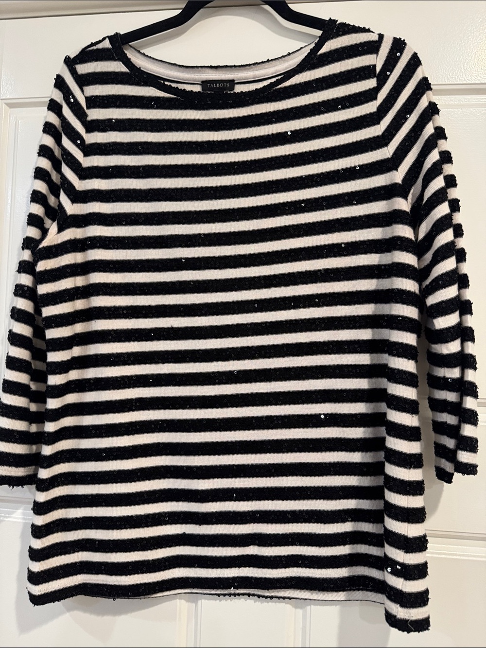 Talbots Black and White Striped Crewneck Sweater with Sparkle